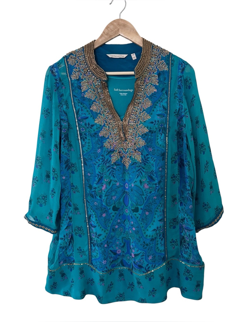 Soft Surroundings Maddalena Tunic MP Petite Medium Turquoise Beaded Embroidered